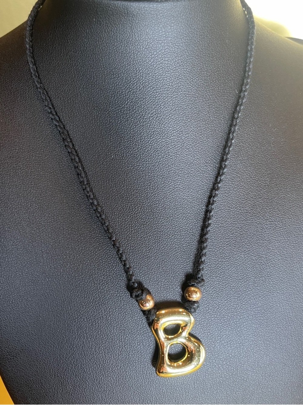 Gold 'B' Initial Necklace on Black Cord - adjustable necklace - Picture 2 of 7
